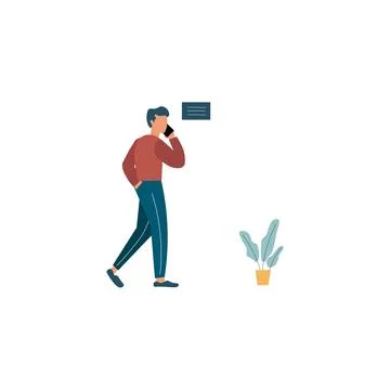 A flat design illustration of a man walking and talking on a mobile phone. Stock Illustration