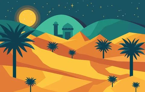 Flat Design Illustration of Mosque Building with Date Trees in Arabian Dese.. Ilustración de archivo