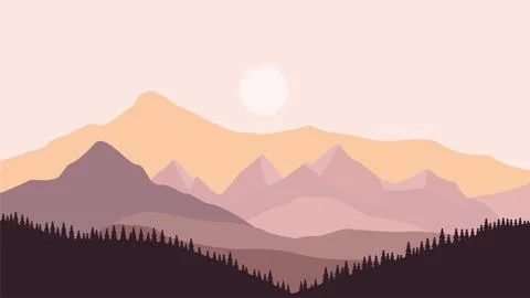 Flat Design Illustration of Mountain Hill Nature Landscape with Pine Trees .. 스톡 일러스트