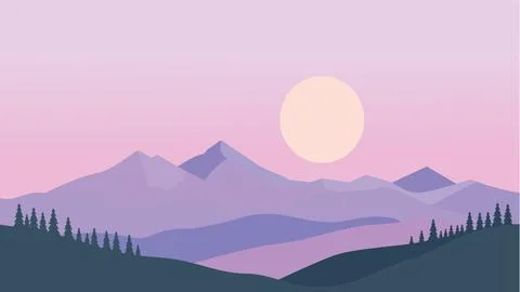 Flat Design Illustration of Mountain Hill Nature Landscape with Pine Trees .. Ilustração Stock