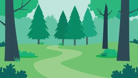 Flat Design Illustration of Nature View of Path Way with Green Pine Trees i.. 스톡 일러스트