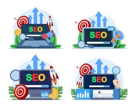 Flat design illustration set of SEO concepts including website ranking Stock Illustration