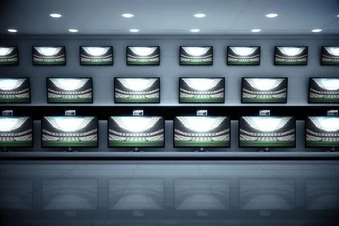 Flat design illustration is showing array of flat-panel TVs with recessed lights Stock Illustration