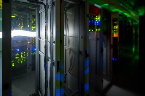 Flat design illustration is showing data center corridor, rack door open, Stock Illustration