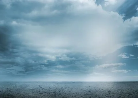 Flat design illustration showing tranquil ocean horizon under cloudy sky with Stock Illustration