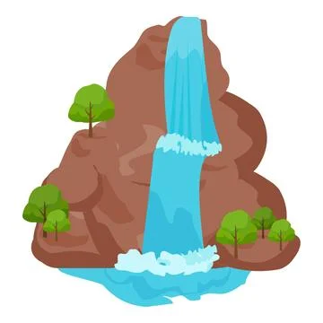 Flat design illustration of a vibrant waterfall with trees on a mountain Stock Illustration
