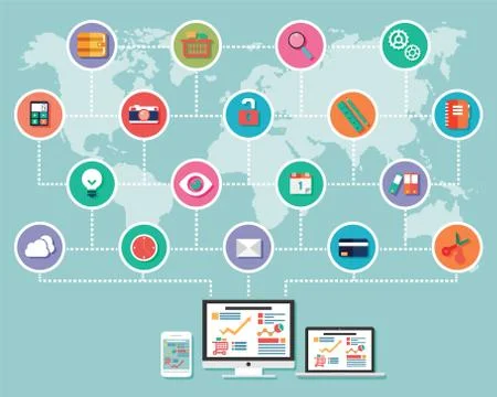 Flat design, infographic concept, connected electronic and mobile devices, cl Stock Illustration