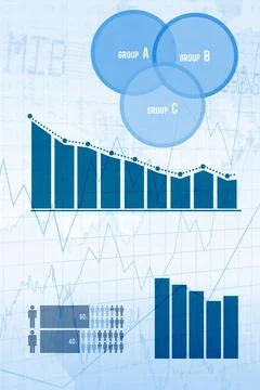 Flat design infographic is showing overlapping Venn diagram, bar charts, gender Stock Illustration