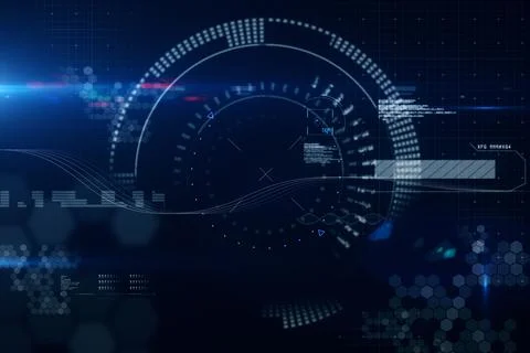 Flat design interface is showing circular HUD over blue grid with hex clusters Stock Photos