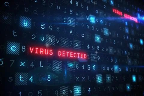 Flat design interface showing red neon virus detected alert amid alphanumeric Stock Photos