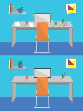 Flat design interior before and after cleaning. Concept of work place 스톡 일러스트
