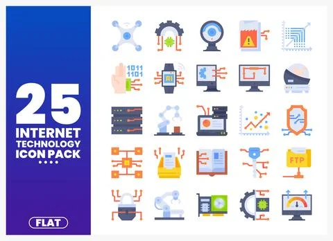 Flat design internet technology icons displayed on a white background Illustrazione stock