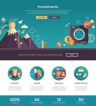 Flat design investments website header banner with webdesign elements Stock Illustration