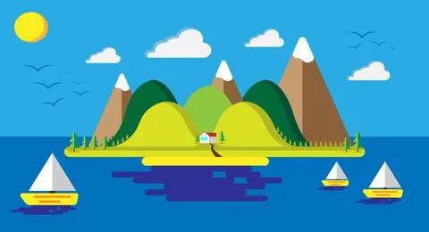 Flat Design Island Landscape with Mountains, Sea, and Sailboats under Sunny Sky Illustrazione stock