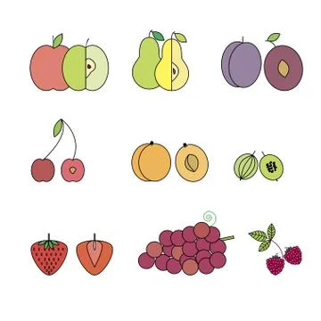 Flat Design Isolated Fruit Vector Icon Set. Stock Illustration