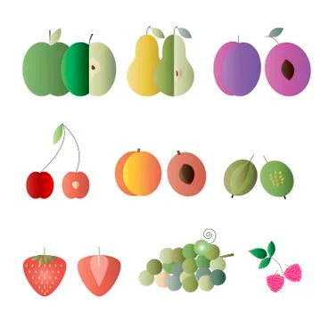 Flat Design Isolated Fruit Vector Icon Set. Stock Illustration