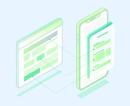 Flat design Isometric Prototype of site page and mobile version. Sketch mobil 스톡 일러스트