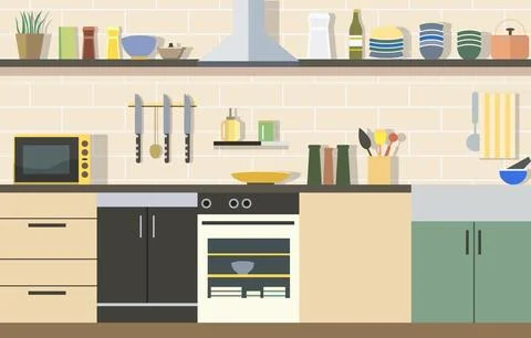 Flat Design of Kitchen in Restaurant with Kitchen Utensils and Storage Shelve イラスト素材