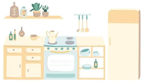 Flat design kitchen set with utensil and household appliances. Vector clip art Stock Illustration