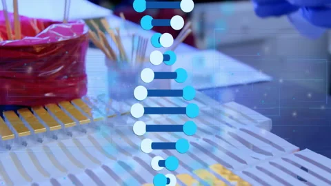 Flat design lab bench showing DNA helix floating over microplate wells, Stock Footage 309285058