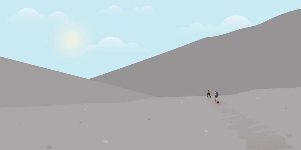 Flat design landscape hiking theme. Travelers with backpack climbing on mou.. Stock Illustration