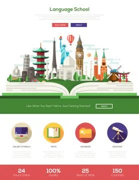 Flat design language school website header banner with webdesign elements Stock Illustration