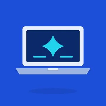 Flat design laptop computer with cyan sparkle star on screen and floating Stock Illustration