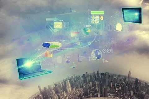 Flat design laptop is projecting data beam over urban skyline with tablet, 스톡 사진