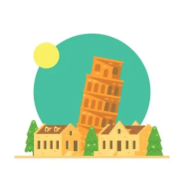 Flat design of the leaning tower of Pisa Italy with village Stock Illustration