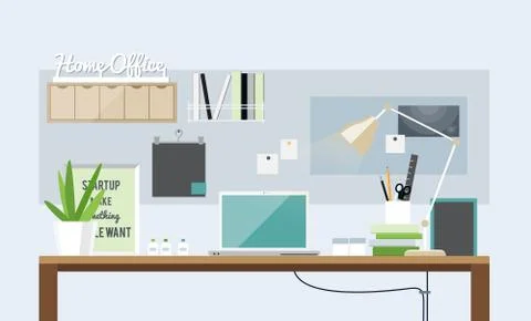Flat design of light home office interior Stock Illustration