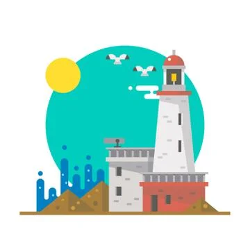 Flat design of lighthouse on a beach Stock Illustration