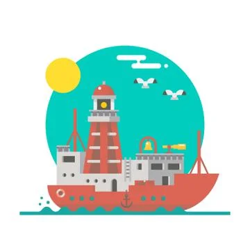 Flat design of lightship sailing Stock Illustration