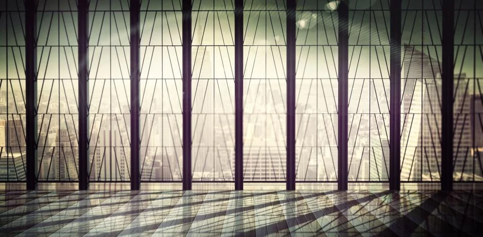 Flat design lobby is showcasing triangular glass panels with steel columns and Foto stock