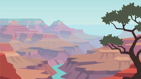 Flat Design Lonely Tree Above Endless Stone Rivers Иллюстрация