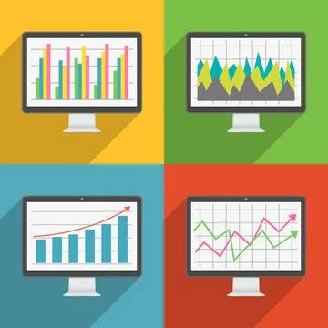 Flat design long shadow icons of computer display with financial charts and g Illustrazione stock