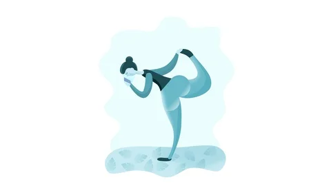 Flat design loop animation od woman doing yoga pose at home holding  her phone Stock Footage