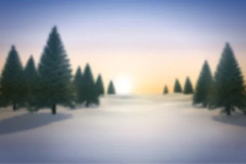 Flat design low sun rising over snow-covered meadow, scattering evergreen pines Ilustração Stock