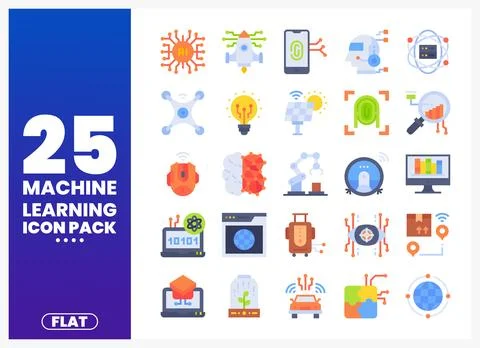 Flat design machine learning icons in a grid on a white background Stock Illustration