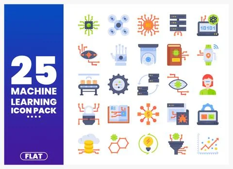 Flat design machine learning icons collection on blue background Stock Illustration