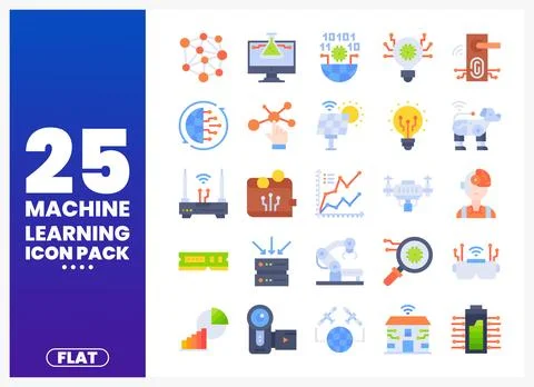 Flat design machine learning icons pack on a white background. showcasing t.. Stock Illustration