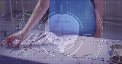 Flat design medical professional is using surgical tools under brain hologram in Stock Photos