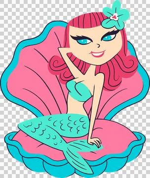 Flat design mermaid is sitting inside pink teal clam shell with pink hair, Stock Illustration