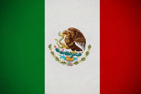 Flat design Mexican flag is displaying coat arms with eagle serpent cactus oak Stockillustratie