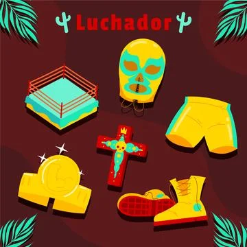 Flat design mexican wrestler element collection Stock Illustration