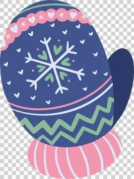 Flat design mitten showing navy blue with pink cuff and snowflake motif on Stock Illustration