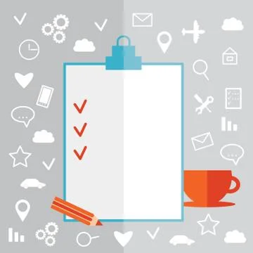 Flat design modern illustration poster Clipboard, icon set, pencil, cup. Stock Illustration