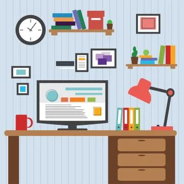Flat design of modern office interior with designer desktop showing design ap Stockillustratie
