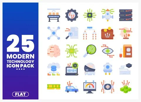 Flat design modern technology icon set featuring AI and innovation Stock Illustration