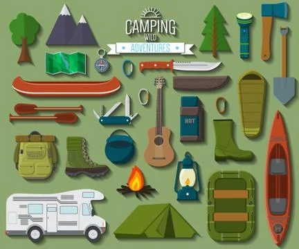 Flat design modern vector illustration of camping and hiking equipment set. T Ilustración de archivo