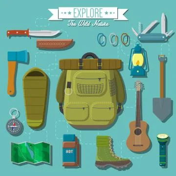 Flat design modern vector illustration of camping and hiking equipment set. T Stock Illustration